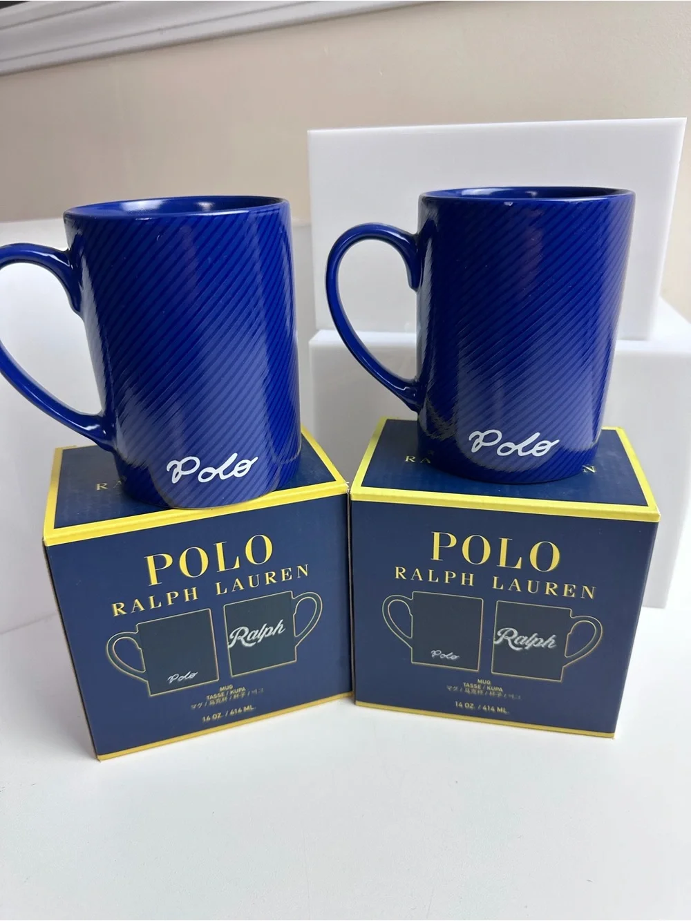Polo Ralph Lauren Home The Ralph Coffee Mugs NIB set of 2 Preppy Blue & White
